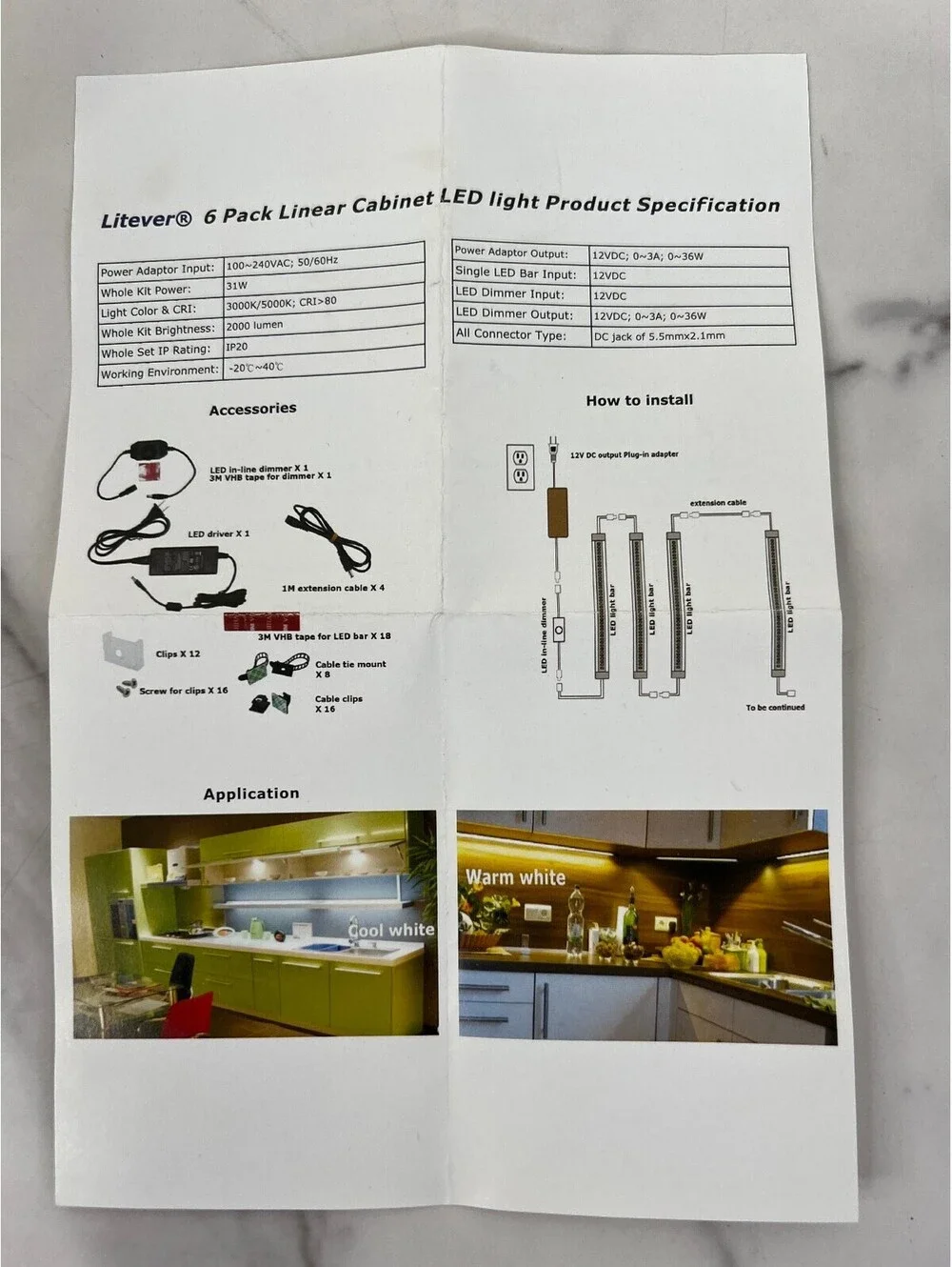 Litever 6 Pack Linear Cabinet LED Light Kit 31W 3000K/5000K CRI>80